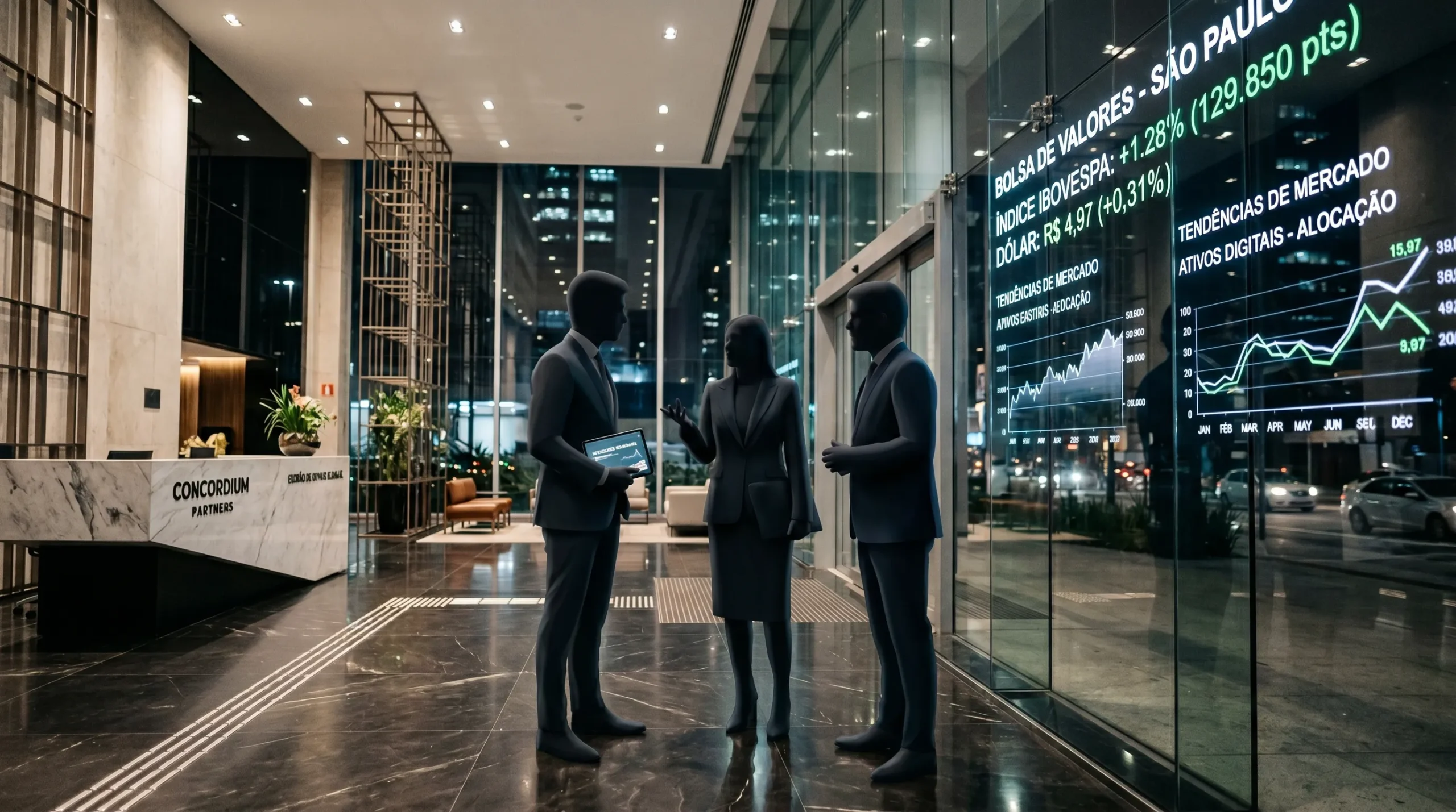 Saguão corporativo de grande instituição financeira com dados econômicos projetados.