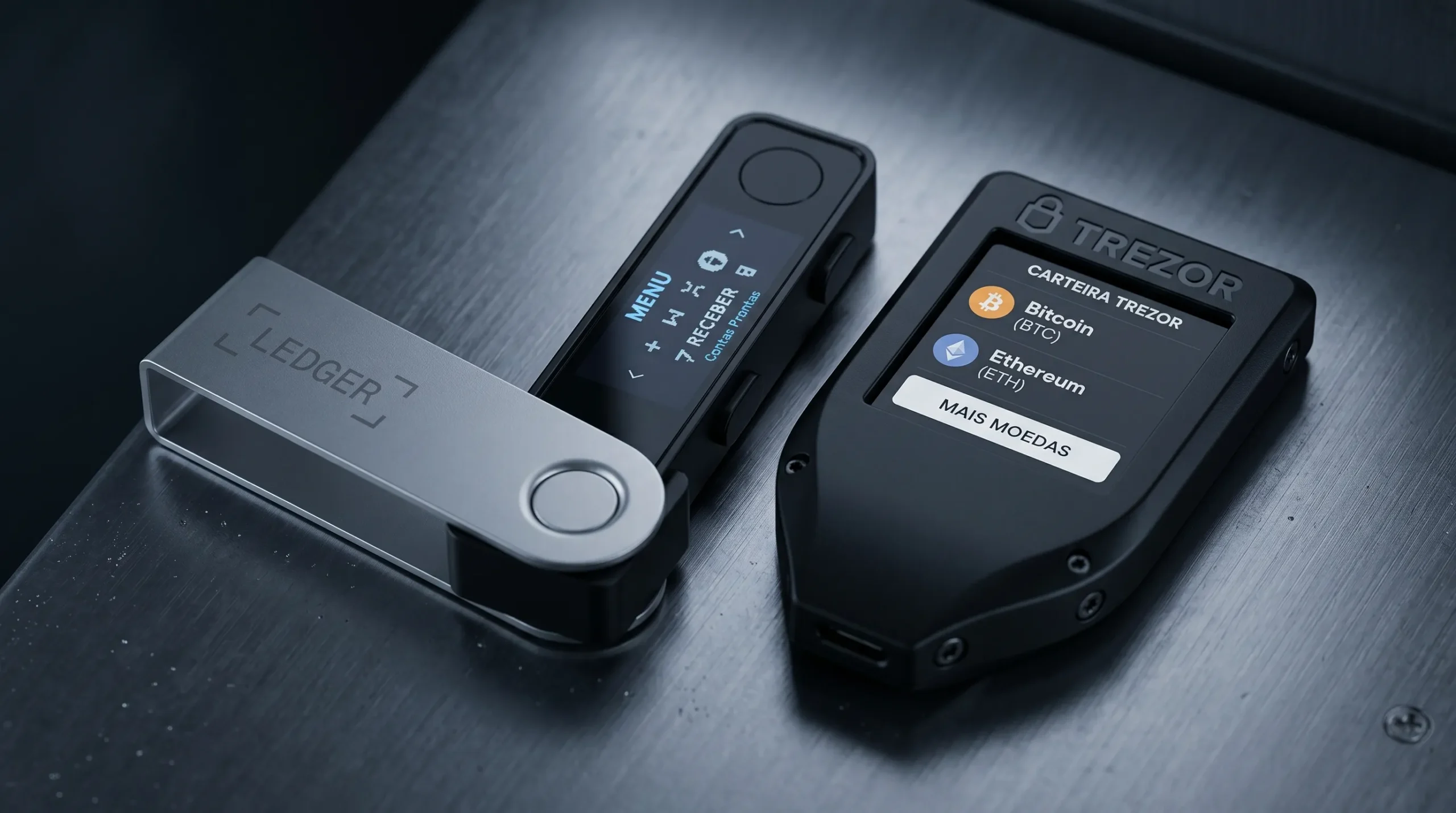 Carteiras físicas Ledger e Trezor posicionadas juntas para exibição de custódia segura.