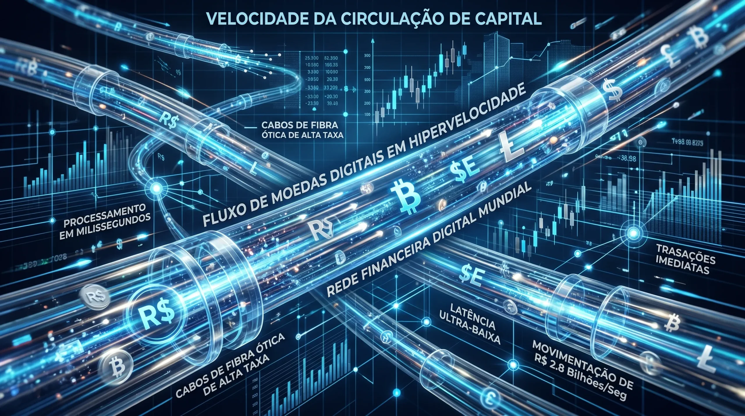 Representação abstrata da velocidade de circulação do capital em redes criptográficas.
