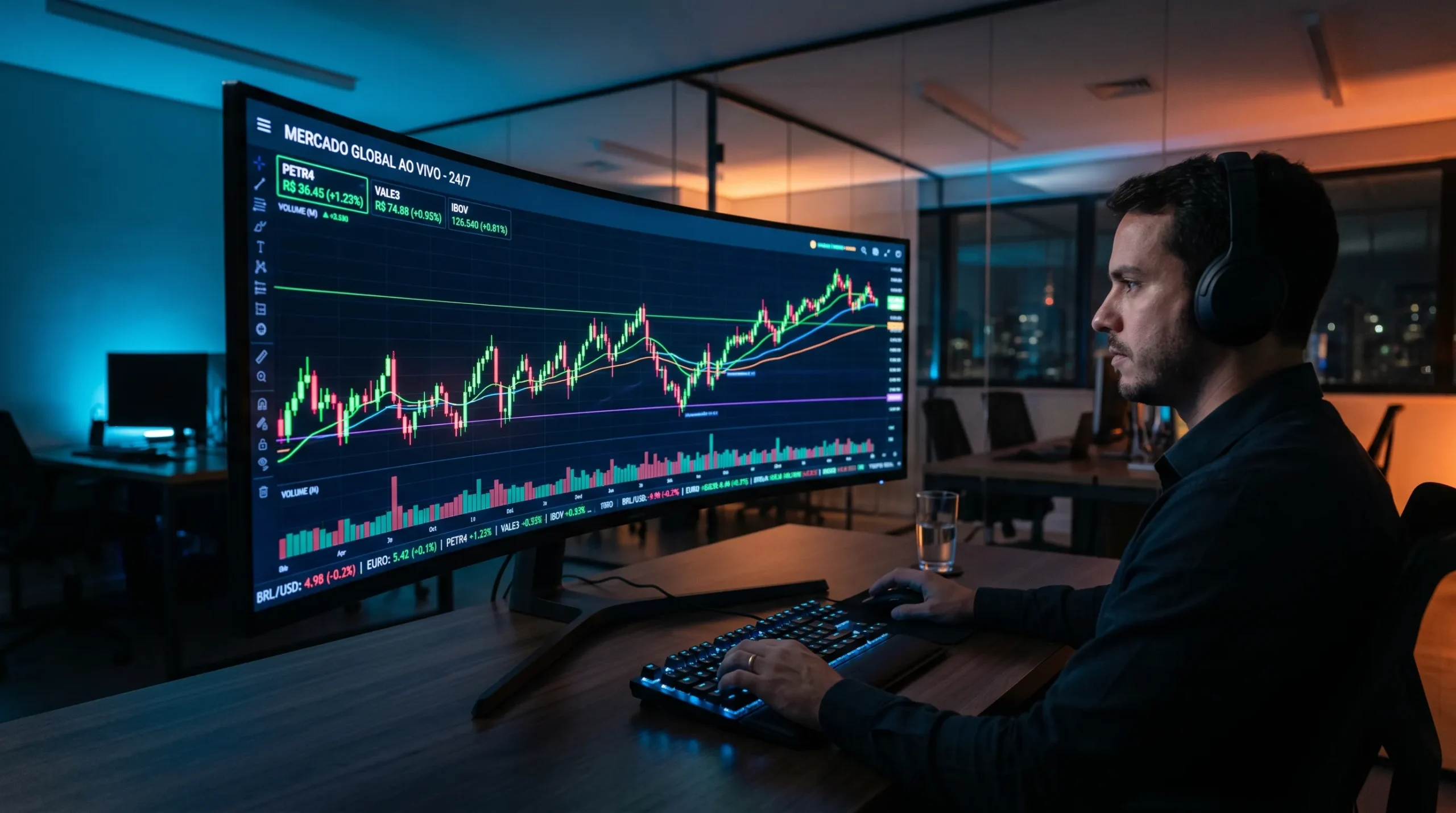 Tela de monitor curvo exibindo gráficos de negociação contínua 24/7.