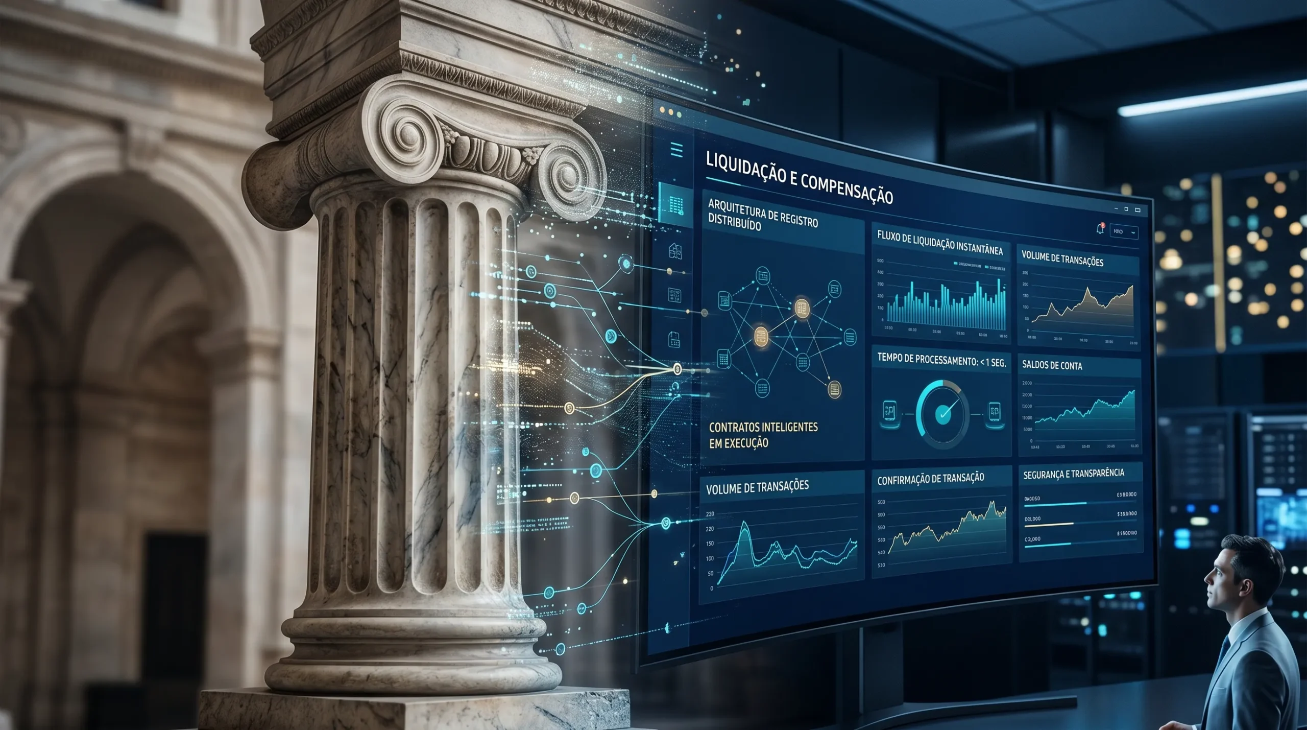 Pilar de banco tradicional se fundindo a uma interface de ledger digital em blockchain.