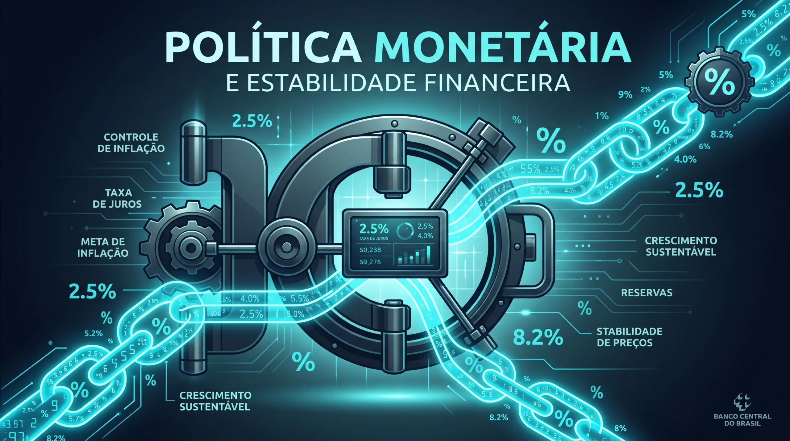 Símbolos de taxas de juros integrados à estrutura digital de um banco central.