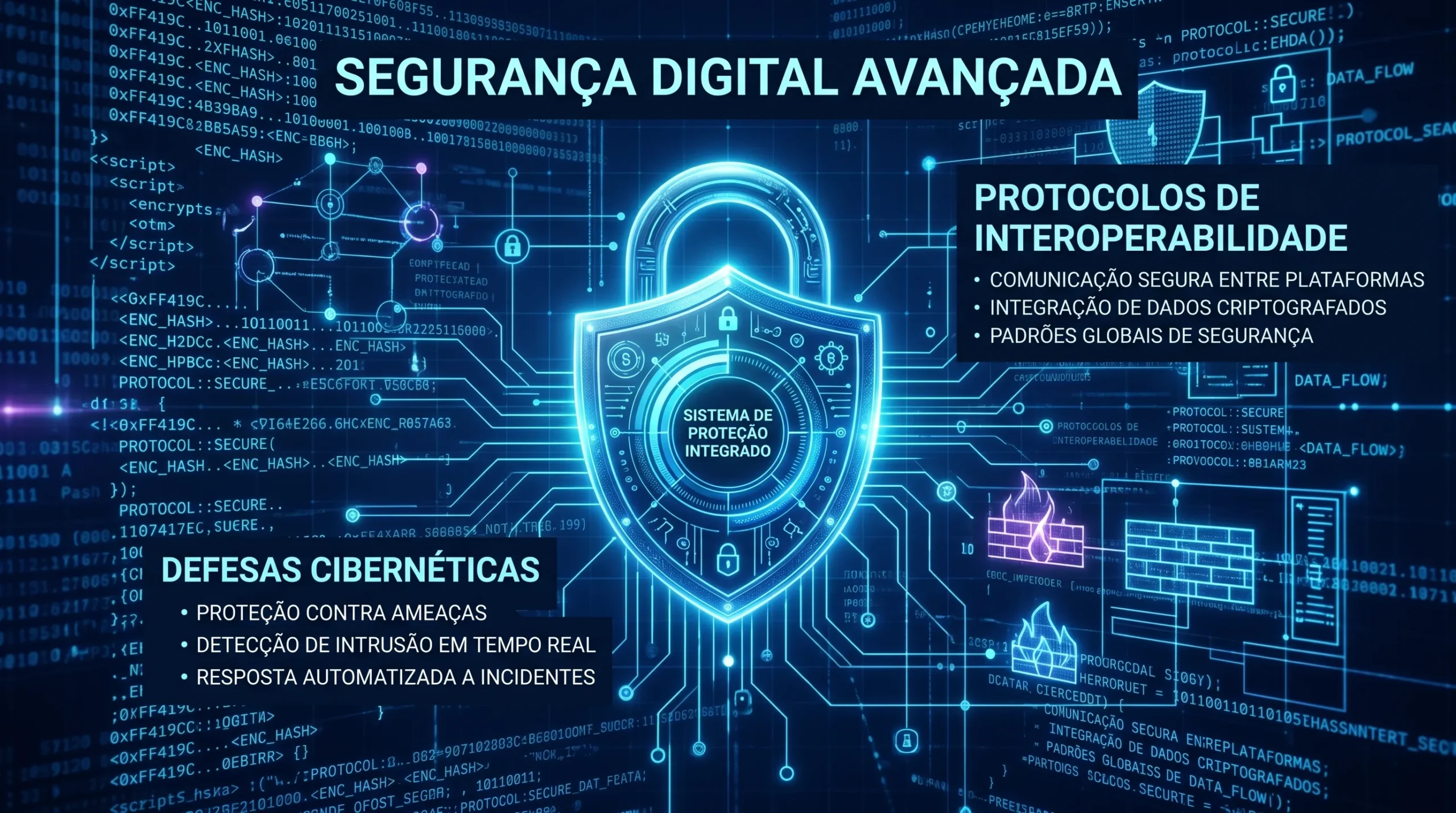 Ícone de cadeado digital de segurança sobreposto a linhas de código criptografadas.