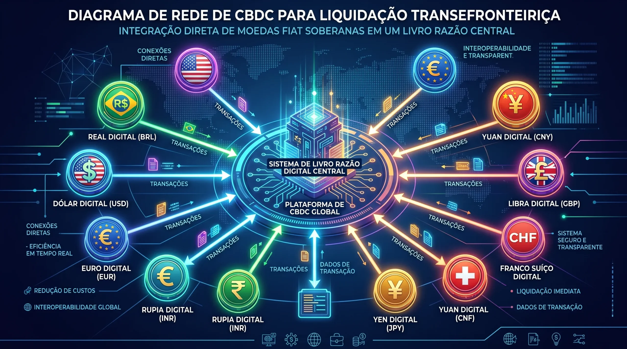 Moedas soberanas conectadas digitalmente a um sistema central de liquidação transfronteiriça.