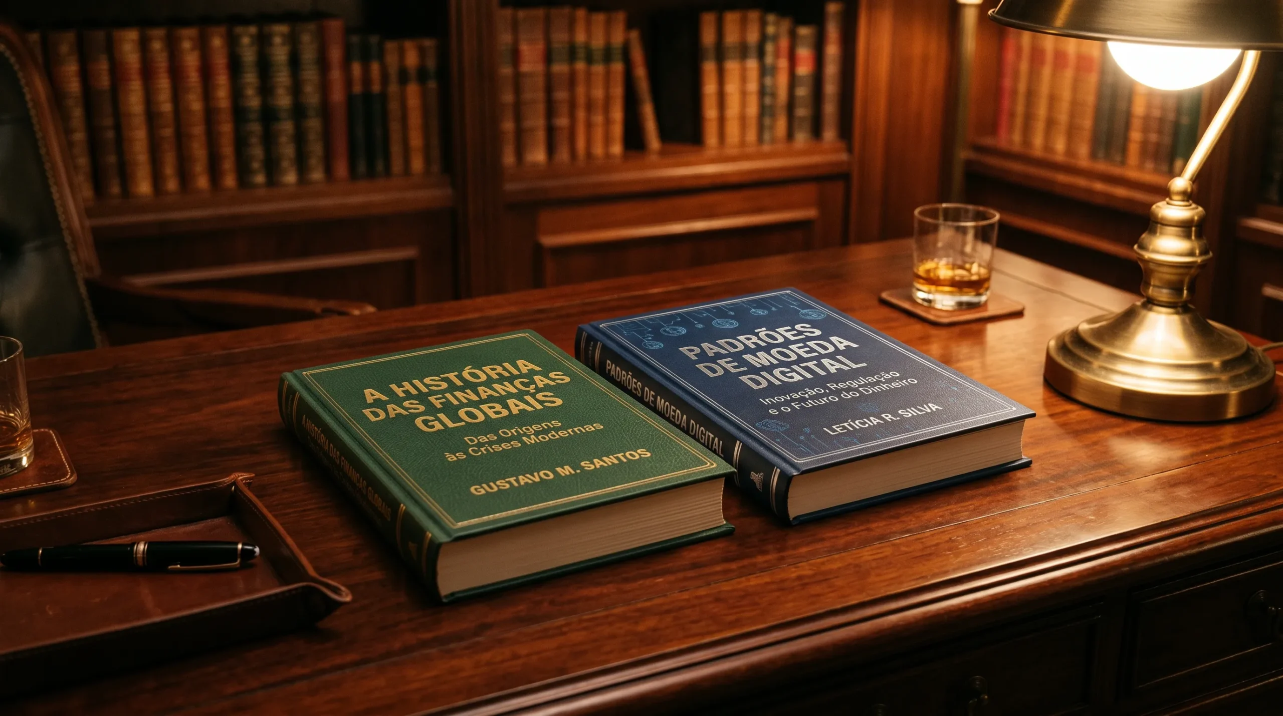 Dois livros sobre história econômica e padrões monetários posicionados sobre mesa executiva.