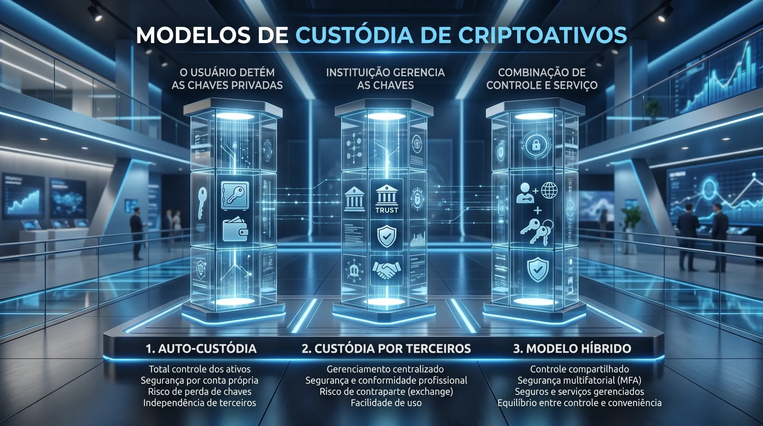 Três pilares de vidro representando diferentes modelos corporativos de custódia.