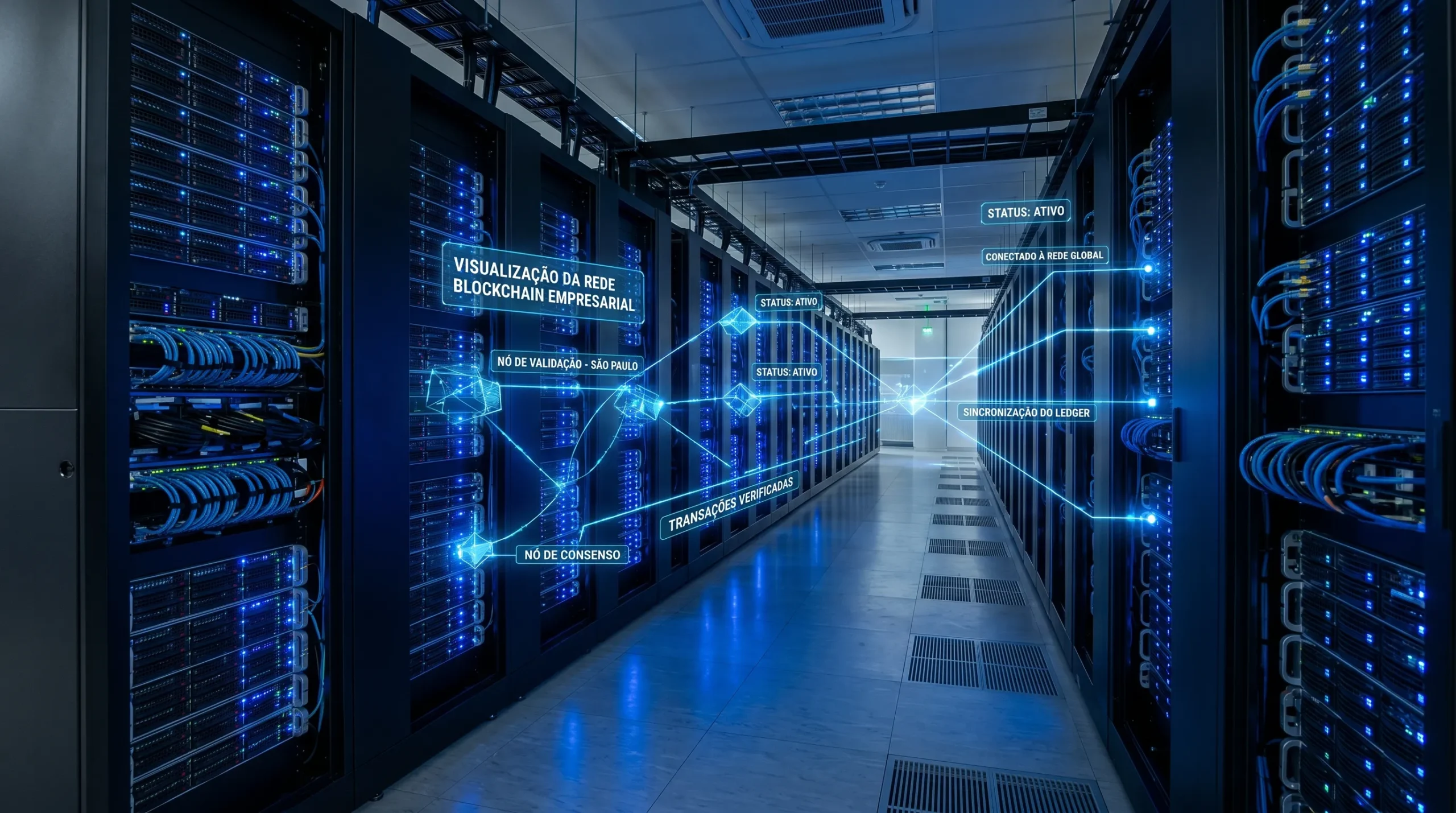 Servidores de grande porte operando nós de uma rede blockchain corporativa permissionada