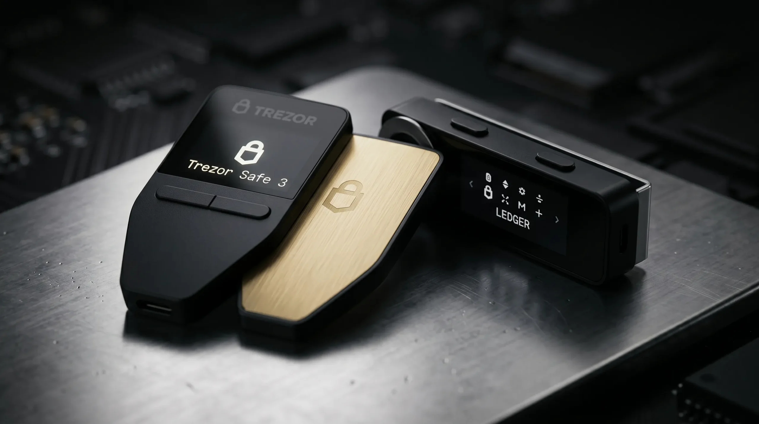 Dispositivos físicos Ledger e Trezor organizados sobre uma superfície metálica industrial.