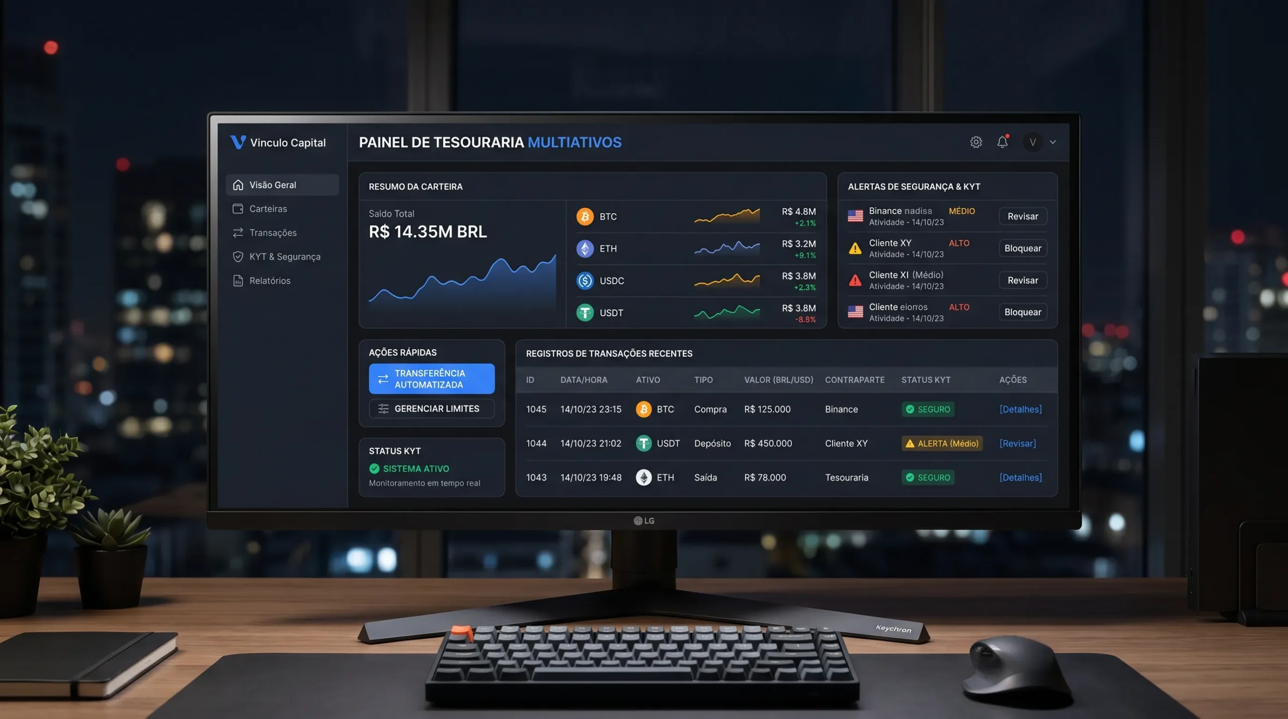Interface de usuário limpa de um painel de controle de tesouraria de fundos digitais.