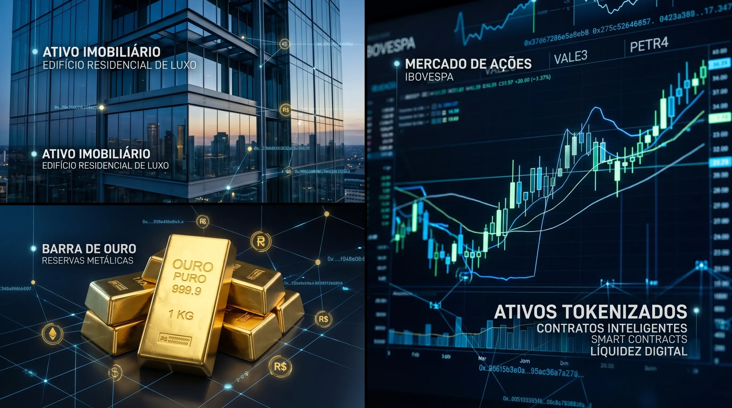 Representação de diversas classes de ativos tangíveis fracionados digitalmente.