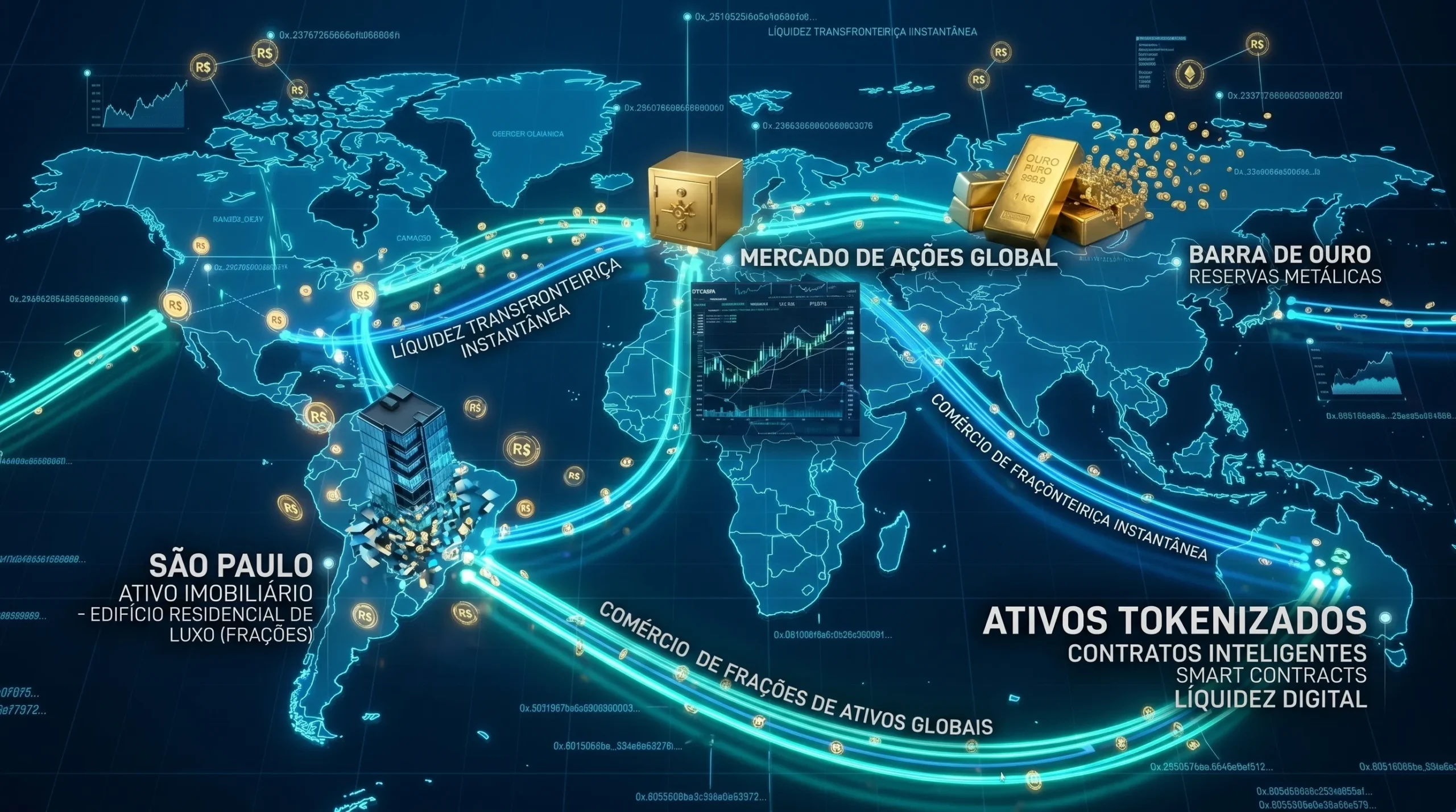 Rede digital interconectada mostrando o fluxo de capitais e liquidez global instantânea.