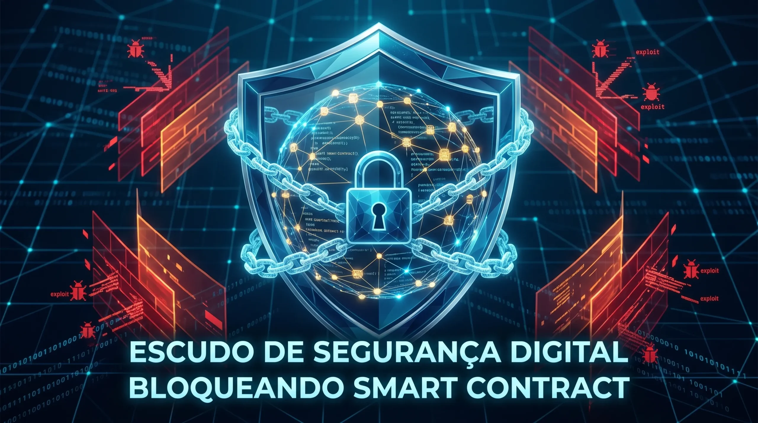 Escudo de proteção digital bloqueando vulnerabilidades em linhas de código onchain.
