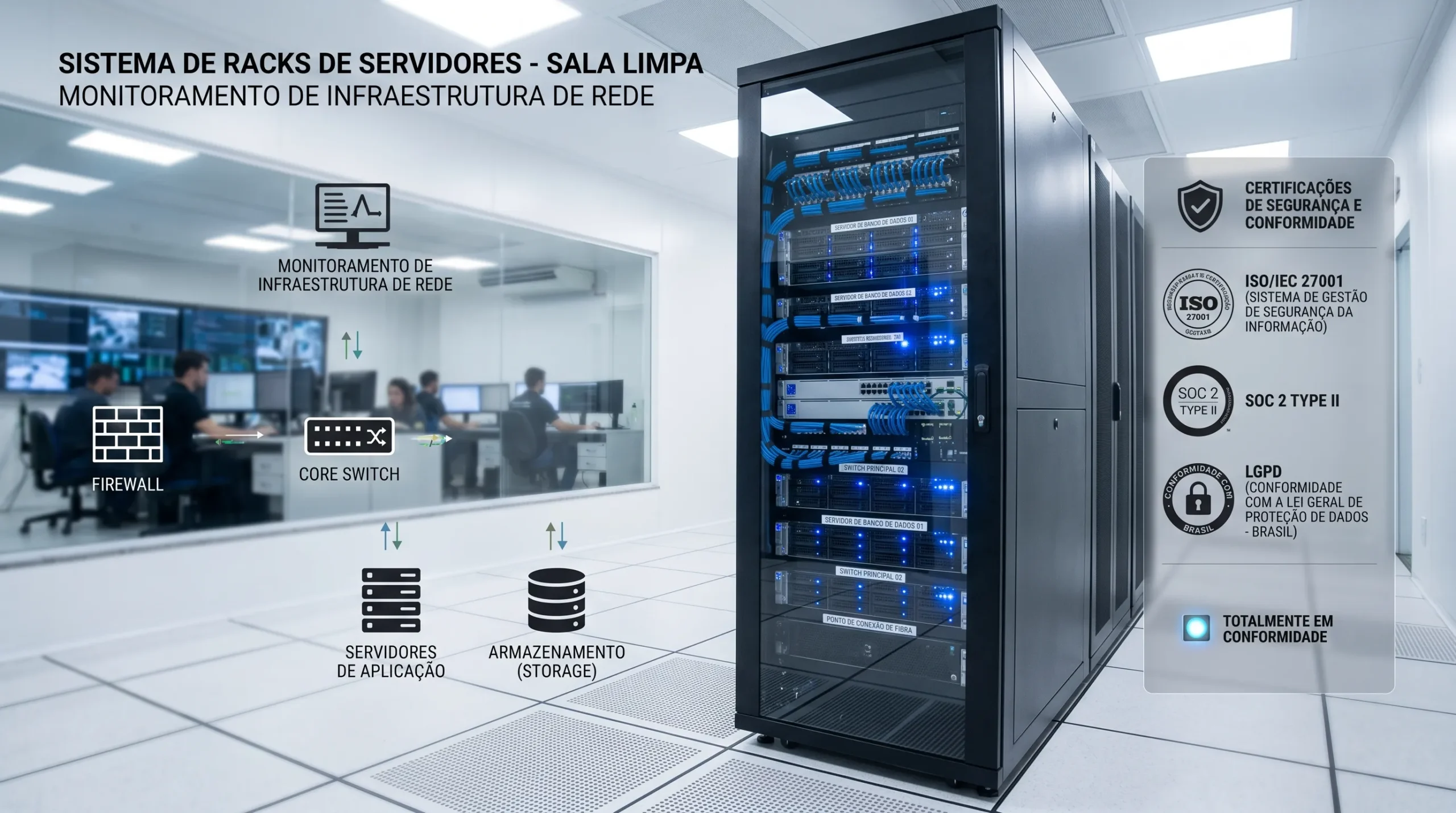 Servidores de dados corporativos operando sob rígidos padrões de segurança tecnológica.