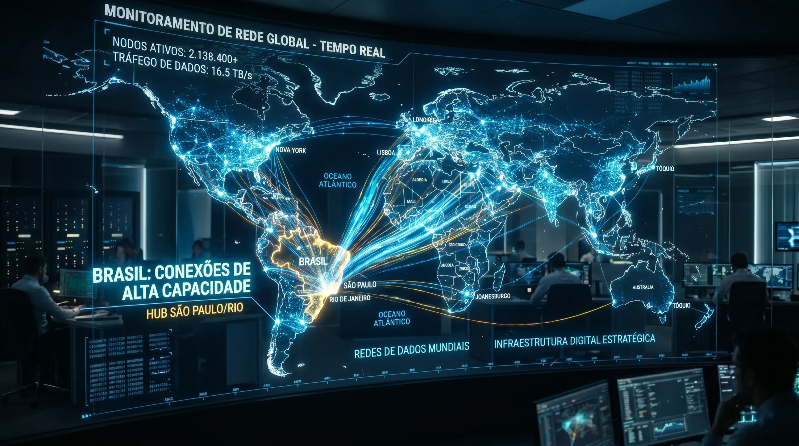 Panorama global de servidores e nós blockchain conectados mundialmente.