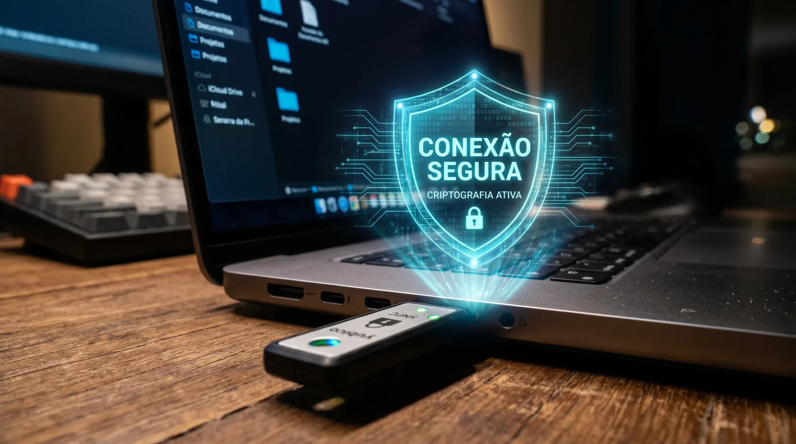 Chave de segurança física protegendo o acesso root a servidores de nós blockchain.