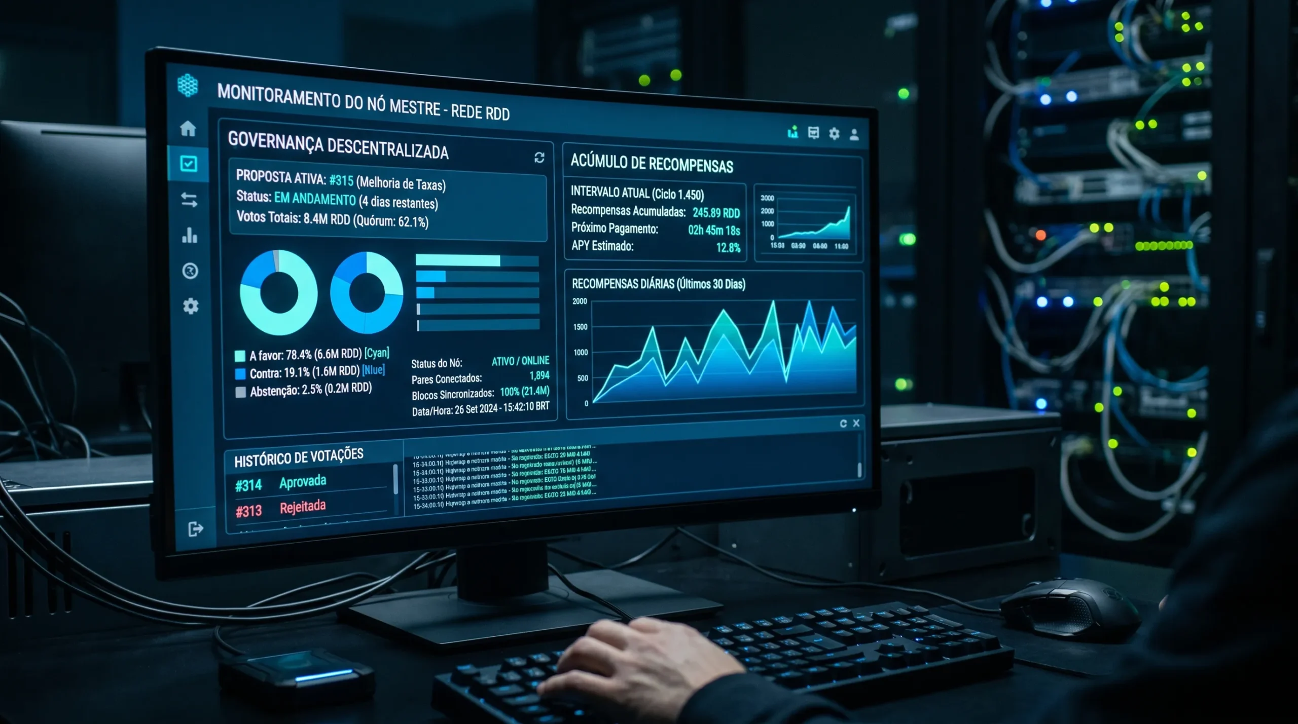 Monitoramento de masternodes e distribuição de recompensas em rede cripto.