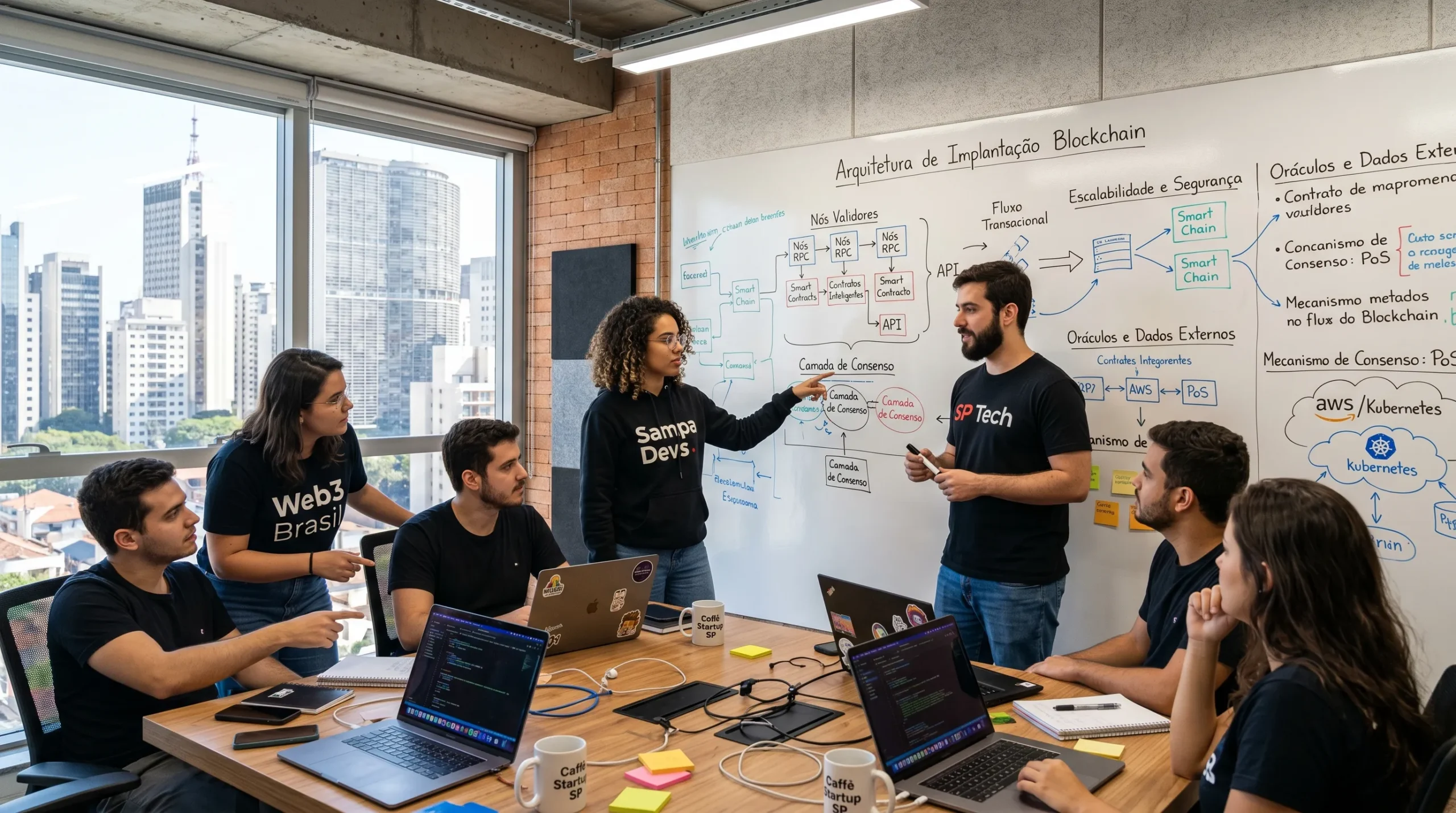 Equipe de engenheiros Web3 planejando a arquitetura de implantação de nós no Brasil.