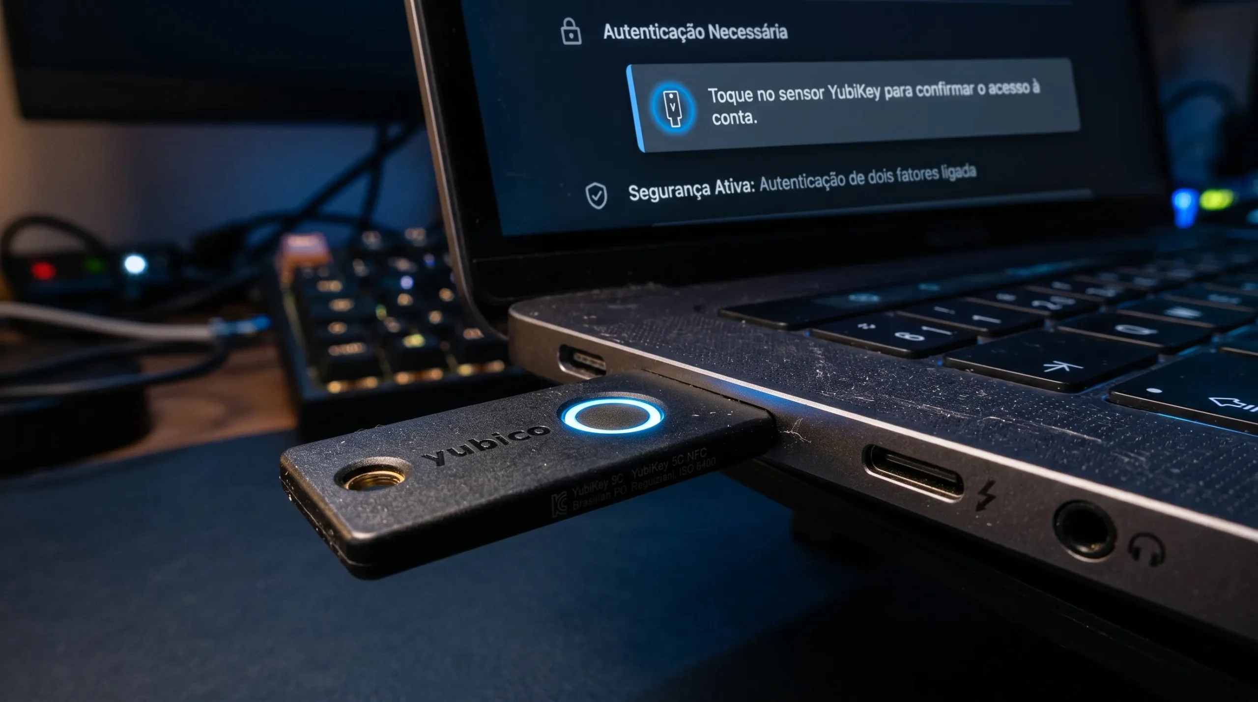 Chave de segurança YubiKey 5C NFC inserida no computador para autenticação SSH segura.