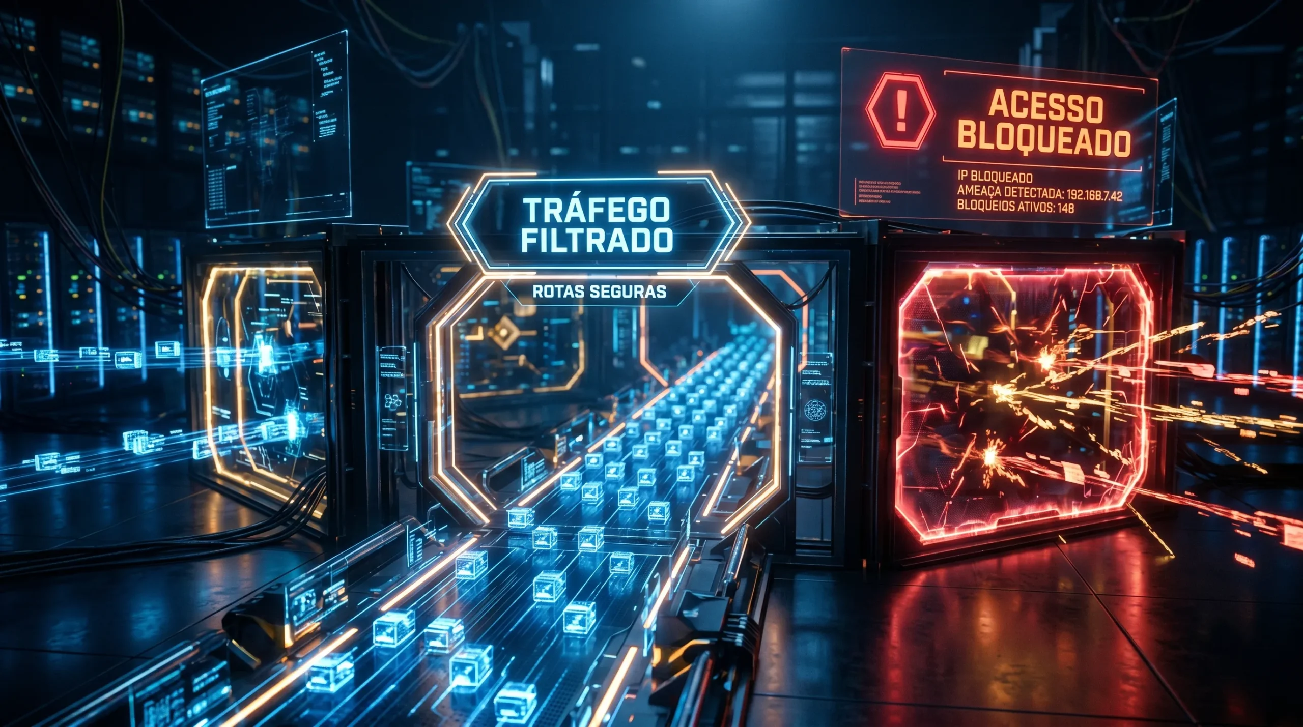 Bloqueio de portas e filtragem de conexões IP por meio de políticas de segurança de rede.