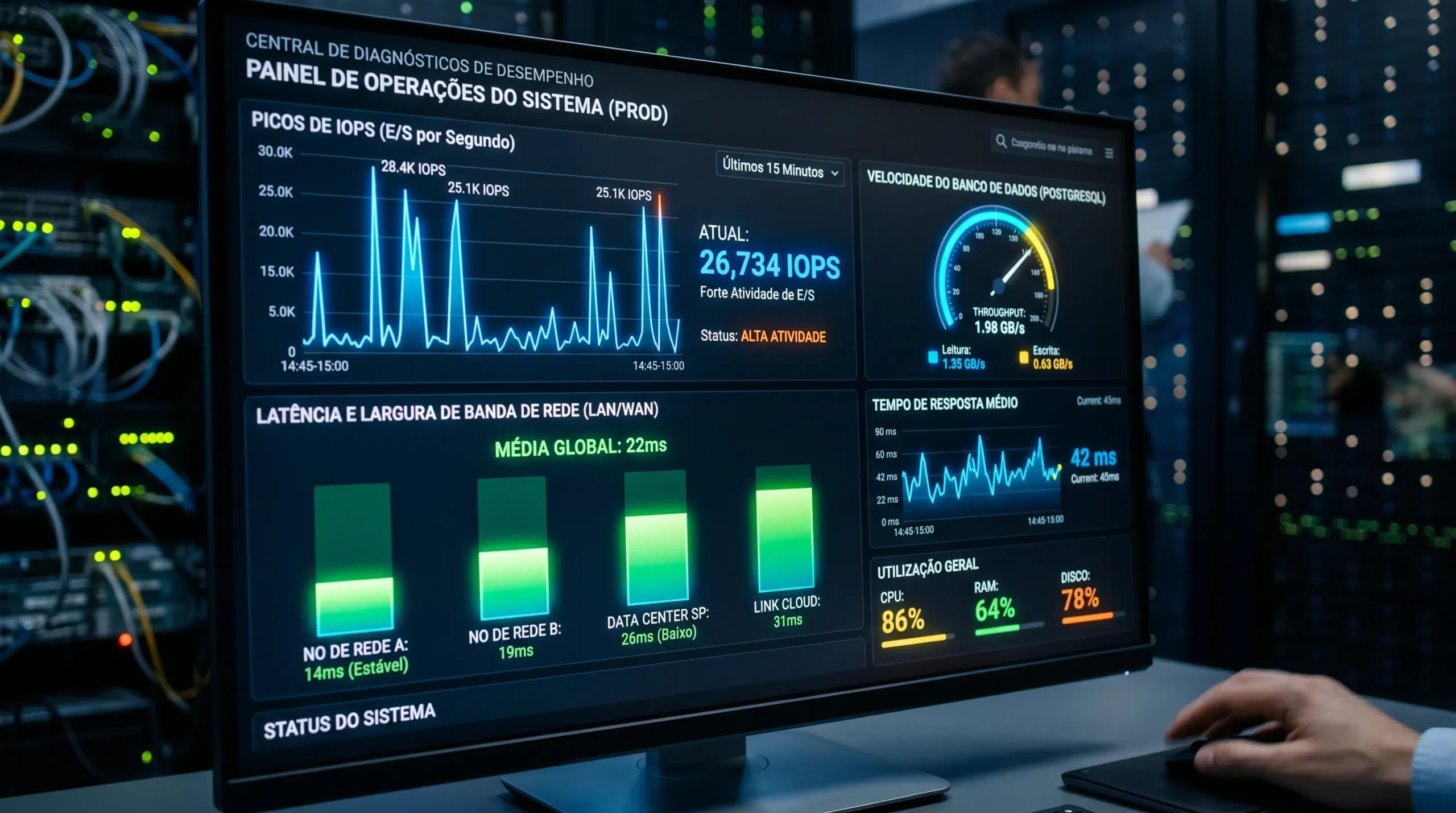 Gráficos de monitoramento de IOPS, transferência de dados e desempenho do servidor.